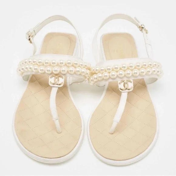 CHANEL Women's Cream Pearl Embellished Sandals 39.5 - Picture 1 of 4